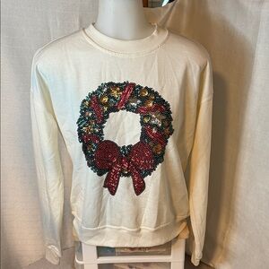 Festive Cream Sequin Wreath Top NWOT